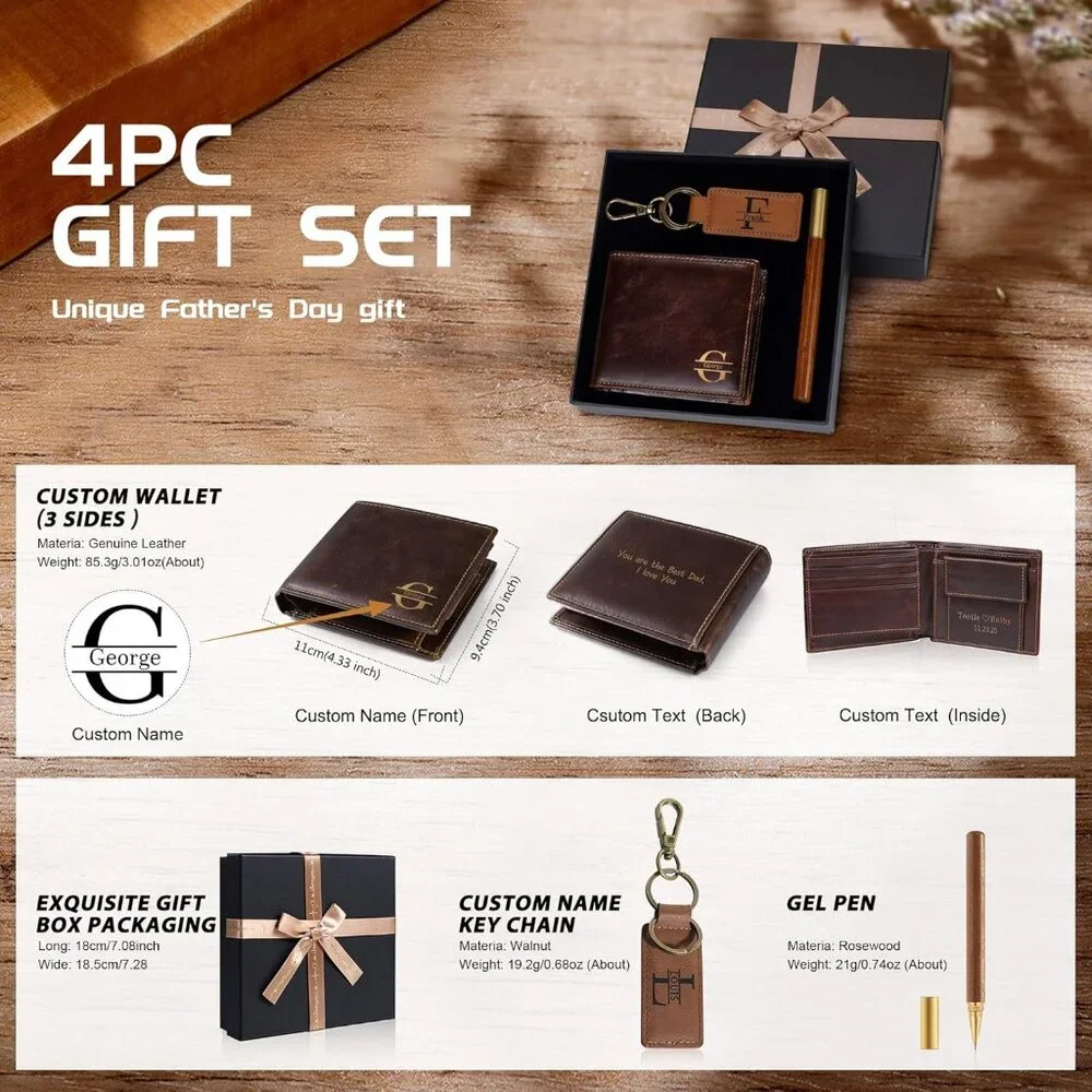 Mens Wallet, Father's Day Gifts, Personalized Leather Wallet Gifts Set,